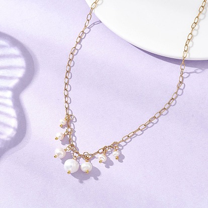 Подвеска-кисточка из натурального жемчуга 304 Цепочка из нержавеющей стали в виде скрепки для женщин, цветочный белый