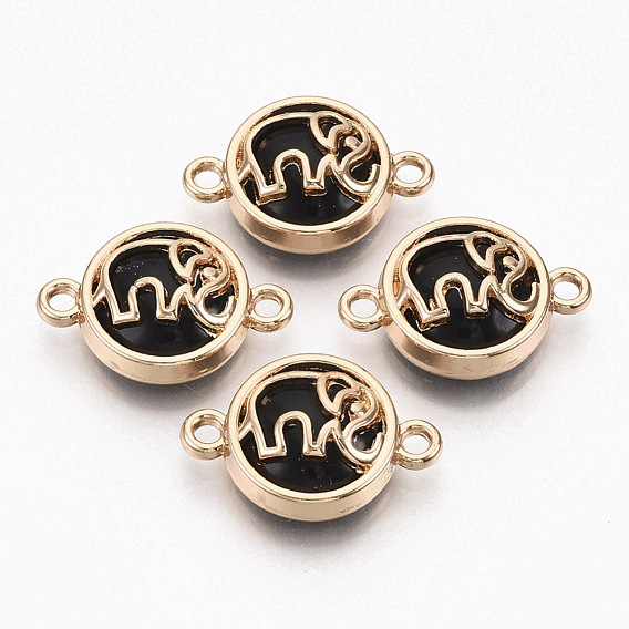 Glass Links Connectors, with Light Gold Plated Alloy Findings, Flat Round with Elephant