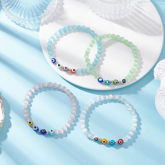 4 шт. 4 Цвета: кошачий глаз и сглаз, круглые эластичные браслеты ручной работы из бусин лэмпворк для женщин