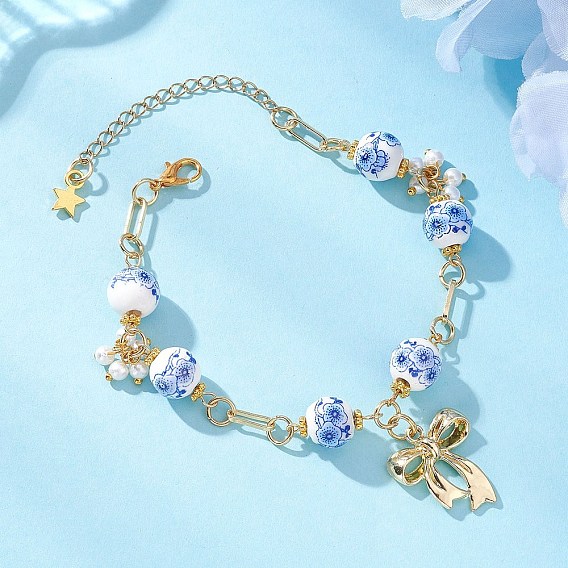 Сплав шарм браслеты, Браслеты-цепочки из фарфора и керамики ручной работы с цветочным принтом для женщин, бантом, с имитацией жемчужина бисера