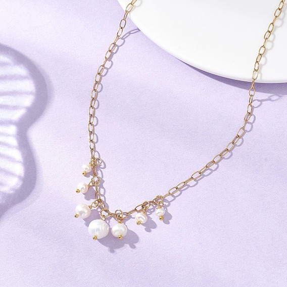 Подвеска-кисточка из натурального жемчуга 304 Цепочка из нержавеющей стали в виде скрепки для женщин, цветочный белый