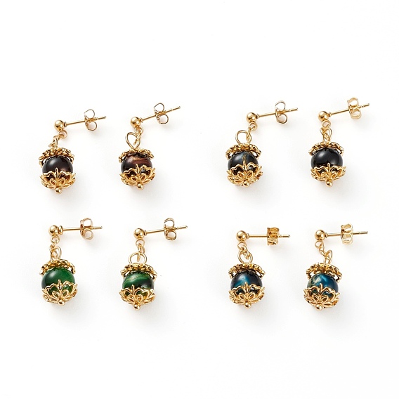 Dangle Stud Earrings, with Gold Sand Lampwork Beads, 304 Stainless Steel Stud Earrings Findings and Brass Ear Nuts, Round, Golden