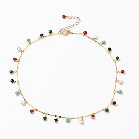 Brass Enamel Pendant Necklaces, with Brass Bar Links and 304 Stainless Steel Lobster Claw Clasps, Flat Round, Colorful