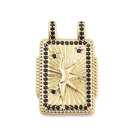 Rack Plating Brass Micro Pave Cubic Zirconia Pendants, Cadmium Free & Lead Free, Long-Lasting Plated, Rectangle with Sun Pattern