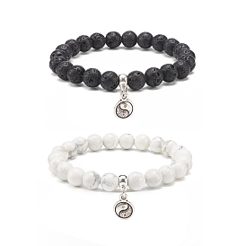 2Pcs 2 Style Natural Lava Rock & Howlite Round Beaded Stretch Bracelets Set with Alloy Yin Yang Charms, Essential Oil Gemstone Jewelry for Women