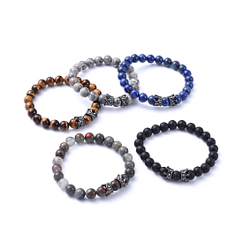 Natural Gemstone Stretch Beaded Bracelets, with Brass Micro Pave Cubic Zirconia Crown Beads