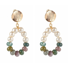 Natural Indian Agate with Glass Pearl Beads Dangle Stud Earrings, Oval