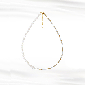 Collier de perles de perles naturelles, 925 collier tennis en argent sterling avec zircons cubiques, avec cachet s
