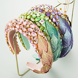 Colorful Velvet Leaf Headband with Glass Rhinestones for Women