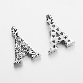 Initial Letter Brass Micro Pave Cubic Zirconia Pendants, 9~10x4~10x1.5~2mm, Hole: 1.5mm