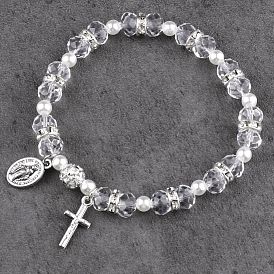 Стеклянные бусины растянуть браслеты, браслеты с подвесками крест и овал с королем для женщин и мужчин, с имитацией жемчуга, граненые