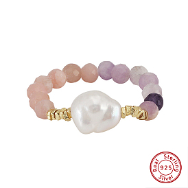 Natural Pink Opal & Lilac Jade Beaded Finger Rings, Natural Freshwater Pearl & 925 Sterling Silver Beaded Finger Rings for Women