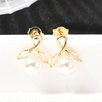 Серьги-гвоздики «конский глаз» с круглыми латунными микропаве из прозрачных кубических цирконий, с пластиковой имитационной жемчужиной, без кадмия и без свинца