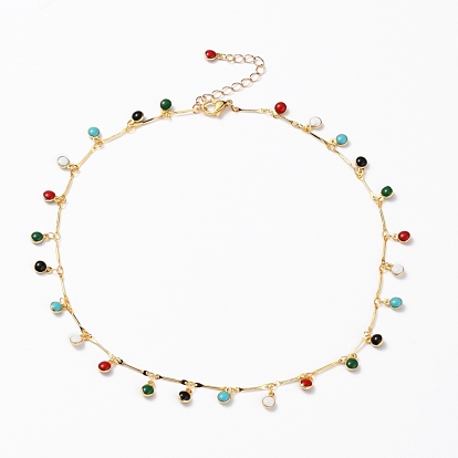 Brass Enamel Pendant Necklaces, with Brass Bar Links and 304 Stainless Steel Lobster Claw Clasps, Flat Round, Colorful