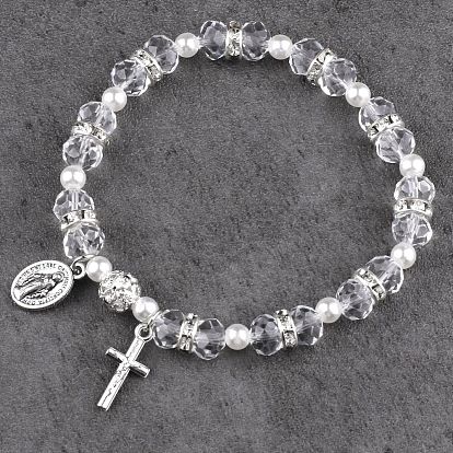 Стеклянные бусины растянуть браслеты, браслеты с подвесками крест и овал с королем для женщин и мужчин, с имитацией жемчуга, граненые