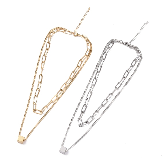 304 Stainless Steel Double Chains Multi Layered Necklace with Cube Beaded for Women
