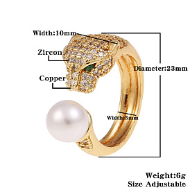 Green Cubic Zirconia Leopard Open Cuff Ring with Plastic Pearl, Brass Chunky Ring for Women