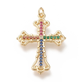 Brass Micro  Pave Cubic Zirconia Pendants, with Jump Rings, Cross, Colorful