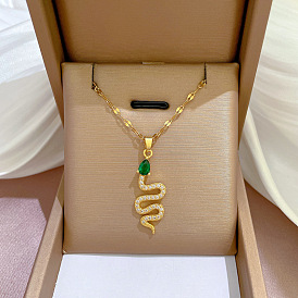 Green-eyed snake pendant necklace with gold-plated collarbone chain - auspicious accessory.