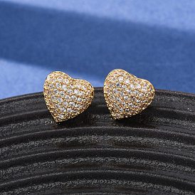 Серьги-гвоздики из латуни с микропаве из кубического циркония для женщин, сердце