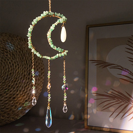 Moon Metal & Natural Green Aventurine Chip Pendant Decorations, Hanging Suncatchers, with Glass Teardrop Charm, for Home Car Decorations