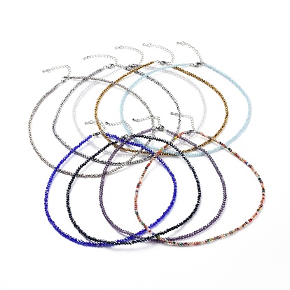 Faceted Glass Beaded Necklaces, with 304 Stainless Steel Lobster Claw Clasps and Brass Extender Chain, Rondelle