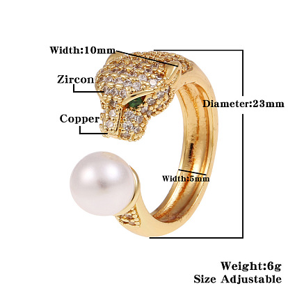 Кольцо-манжета с леопардовым принтом зеленого кубического циркония и пластиковой жемчужиной, массивное кольцо из латуни для женщин