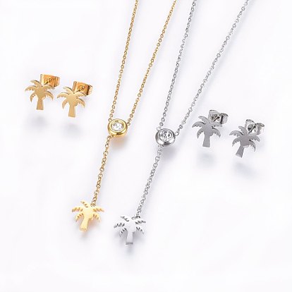 304 Stainless Steel Jewelry Sets, Stud Earrings and Pendant Necklaces, with Rhinestone, Coconut Tree