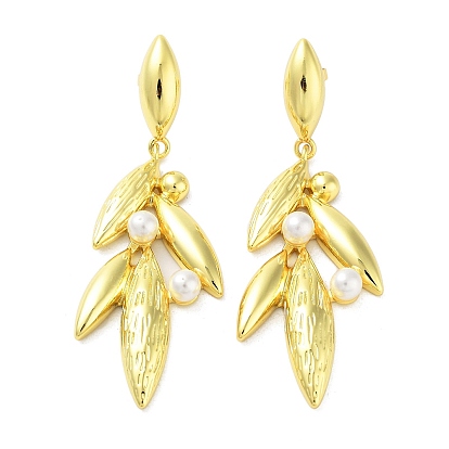 Rack Plating Brass Stud Earrings,with Acrylic Imitation Pearl for Women,, Long-Lasting Plated, Lead Free & Cadmium Free, Leaf