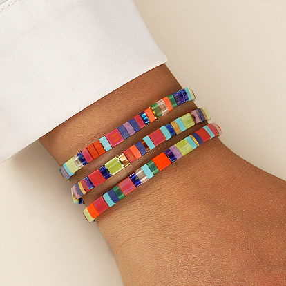 3шт. винтажные браслеты ручной работы из стеклянных прямоугольных бусин в стиле бохо для женщин