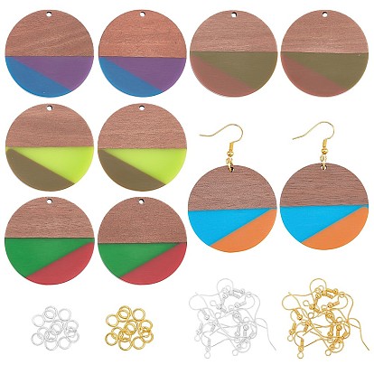 Kits de fabrication de boucles d'oreilles pendantes en bois de noyer, y compris 10 pcs 5 styles pendentifs ronds plats en résine et bois de noyer, boucles d'oreilles en fer crochets et anneaux de saut