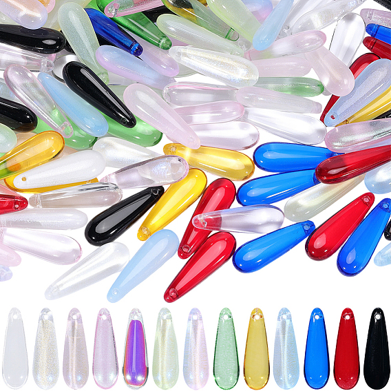 130 pièces 13 couleurs peinture cuite pendentifs en verre transparent, larme, avec de la poudre de paillettes
