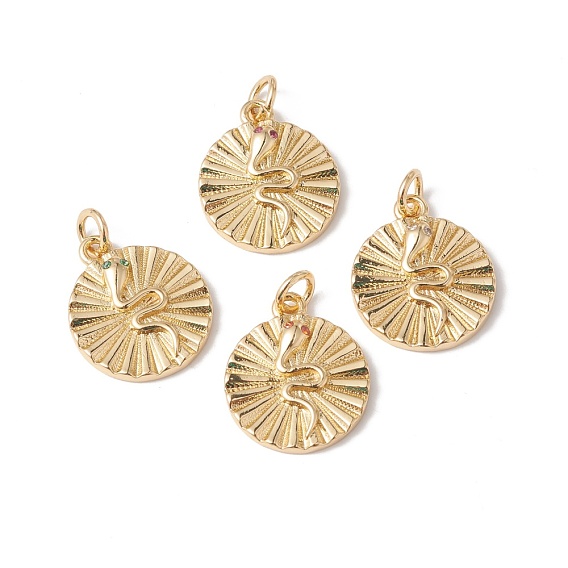 Eco-Friendly Brass Micro Pave Cubic Zirconia Pendants, Rack Plating, Long-Lasting Plated, Lead Free & Cadmium Free, Real 18K Gold Plated, Flat Round with Snake