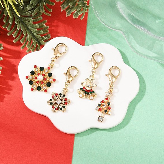 4 шт. рождественские подвесные украшения из сплава и АБС-пластика с жемчугом и стразами, с карабин-лобстерами , разнообразные