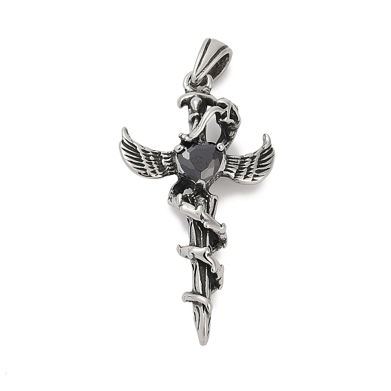 316 кулоны из хирургической нержавеющей стали с микропаве и кубическим цирконием., крест с крыльями, ионное покрытие (ip)