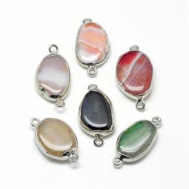 Natural Agate Links Connectors, with Brass Findings, Dyed, Oval, Platinum