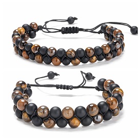 Tiger Eye and Lava Stone Double Row Braided Adjustable Men's Bracelet