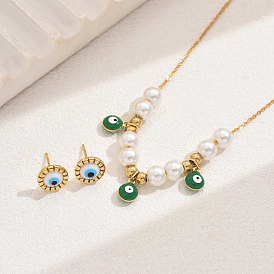 Элегантные комплекты из нержавеющей стали с серьгами-гвоздиками и ожерельями от сглаза для женщин, с имитацией жемчуга