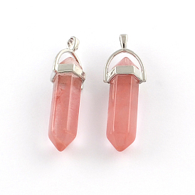 Cherry Quartz Glass Stone Pendants with Alloy Findings, 40~42x13.5x10mm, Hole: 2mm
