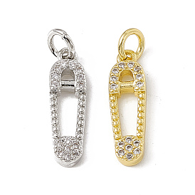 Brass Micro Pave Cubic Zirconia Pendants, with Jump Rings, Safety Pin Charm