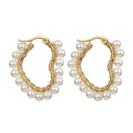 Boucles d'oreilles créoles en forme de cœur et de perles de coquillage, 201 boucles d'oreilles en acier inoxydable avec 304 broches en acier inoxydable