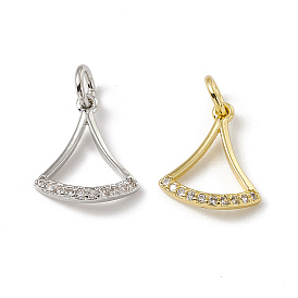 Brass Micro Pave Clear Cubic Zirconia Ginkgo Leaf Charms, with Open Jump Rings