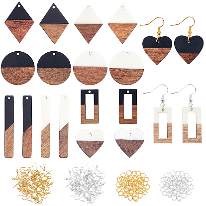 DIY Wooden Dangle Earring Making Kits, Including Heart & Geometry Resin & Walnut Wood Pendants, Brass Earring Hooks & Jump Rings