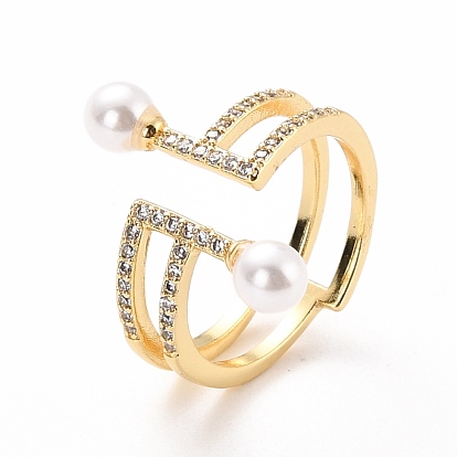 Double Line Cubic Zirconia Cuff Ring for Women, Real 18K Gold Plated Brass Wide Band Open Ring with Imitation Pearl, Cadmium Free & Lead Free