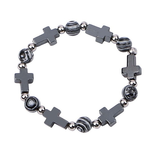 Браслеты из синтетического немагнитного гематита и натуральных драгоценных камней, эластичные, для женщин и мужчин., крест и круглый