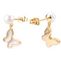 Natural Pearl Dangle Stud Earrings, Brass Enamel Butterfly Drop Earring with 925 Sterling Silver Pins