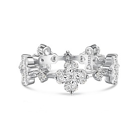 Clear Cubic Zirconia Clover Finger Rings, Rhodium Plated 925 Sterling Silver Ring for Women