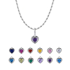 925 Sterling Silver Pave Cubic Zirconia Birthstone Heart Pendant Necklaces for Women, Silver Color Plated