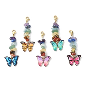 Decoraciones colgantes de esmalte de aleación de mariposa, con virutas de piedras preciosas naturales de chakra y 304 cierres de pinza de langosta de acero inoxidable