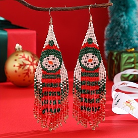 Christmas Snowman Tassel Dangle Earrings, Glass Beads Handmade Jewelry, Platinum